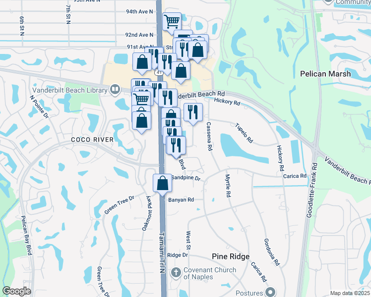 map of restaurants, bars, coffee shops, grocery stores, and more near 785 Meadowland Drive in Naples