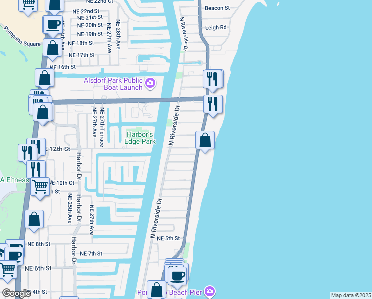 map of restaurants, bars, coffee shops, grocery stores, and more near 3249 Northeast 10th Street in Pompano Beach