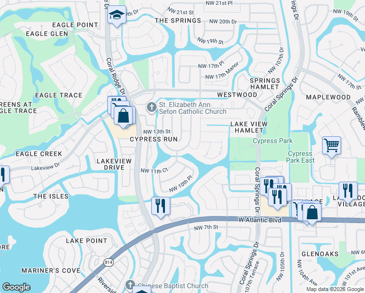 map of restaurants, bars, coffee shops, grocery stores, and more near 1271 Northwest 112th Terrace in Coral Springs