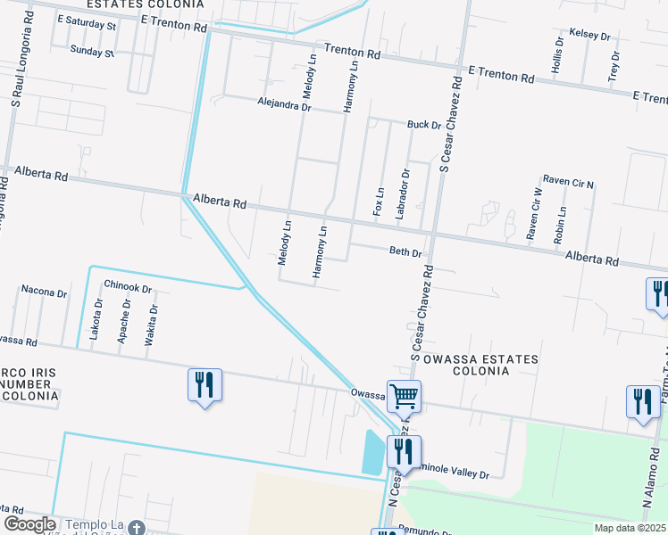 map of restaurants, bars, coffee shops, grocery stores, and more near 5213 Harmony Lane in Edinburg