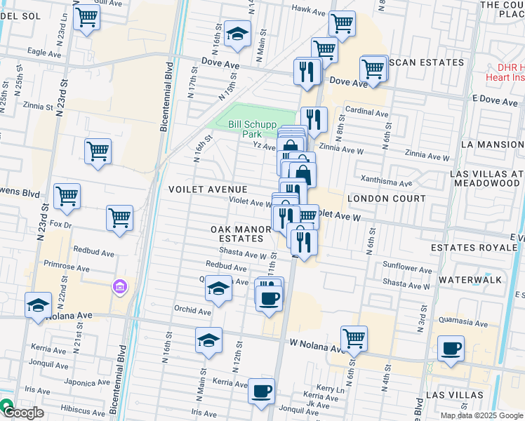 map of restaurants, bars, coffee shops, grocery stores, and more near 1112 Violet Avenue in McAllen