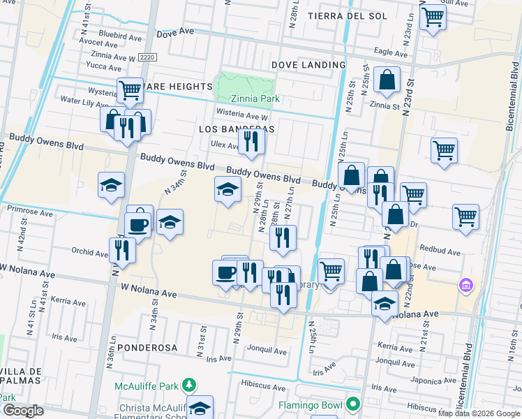 map of restaurants, bars, coffee shops, grocery stores, and more near 4419 North 28th Lane in McAllen