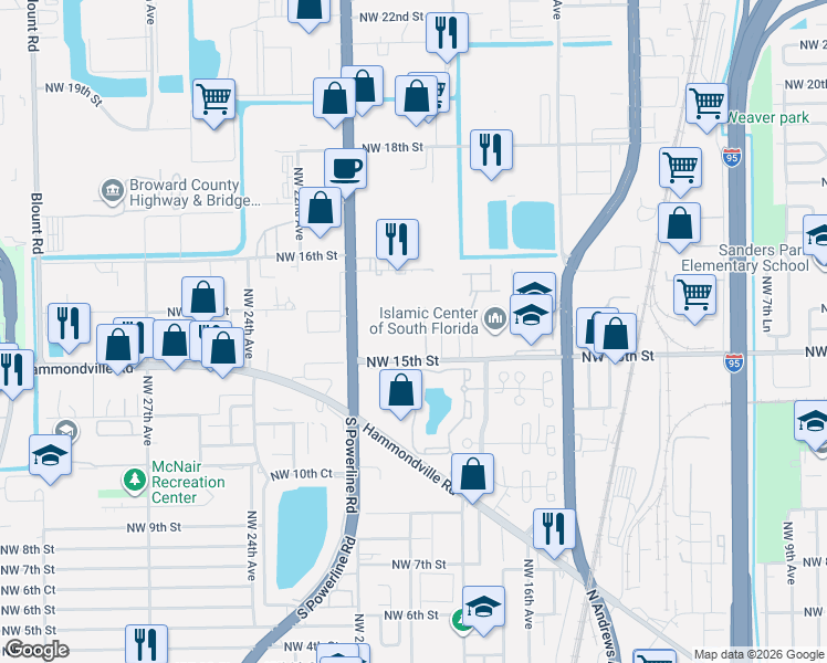 map of restaurants, bars, coffee shops, grocery stores, and more near 1925 Northwest 15th Street in Pompano Beach
