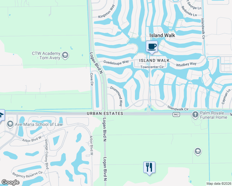 map of restaurants, bars, coffee shops, grocery stores, and more near 5781 Drummond Way in Naples
