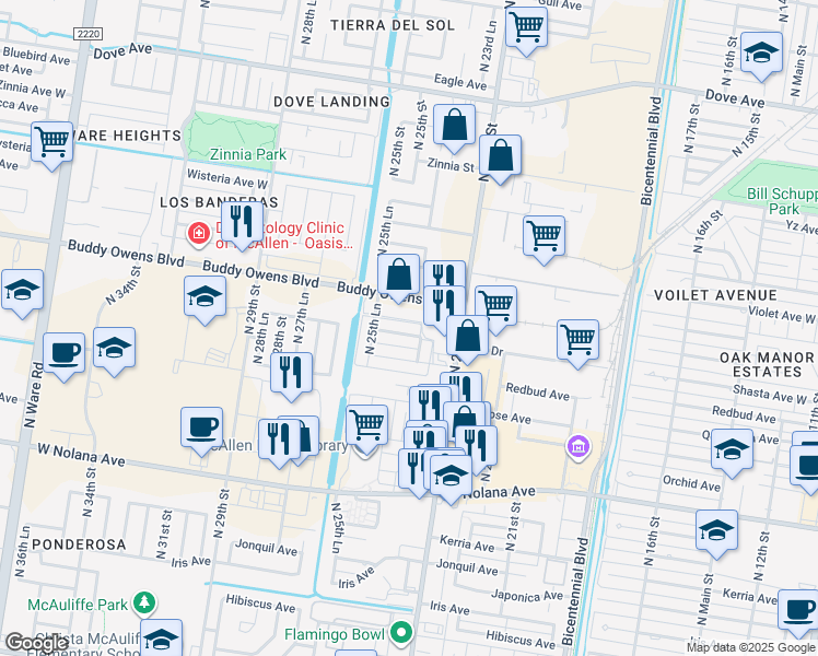 map of restaurants, bars, coffee shops, grocery stores, and more near 2511 Buddy Owens Boulevard in McAllen