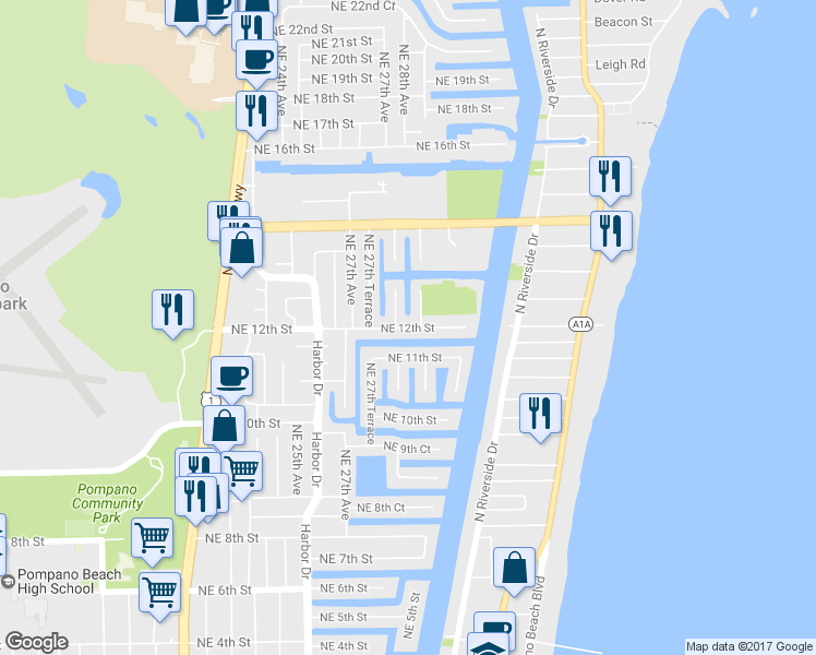 map of restaurants, bars, coffee shops, grocery stores, and more near 2736 Northeast 12th Street in Pompano Beach