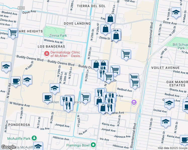 map of restaurants, bars, coffee shops, grocery stores, and more near 2511 Buddy Owens Boulevard in McAllen
