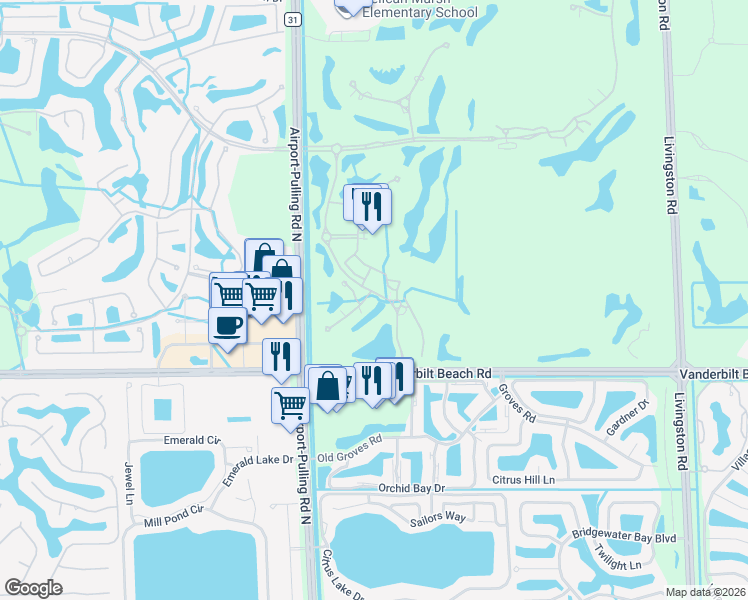 map of restaurants, bars, coffee shops, grocery stores, and more near 2614 Tiburon Drive in Naples