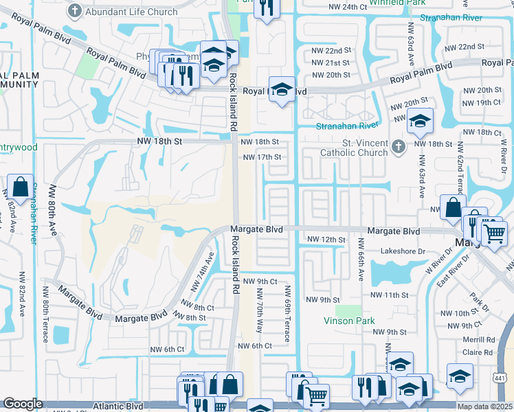 map of restaurants, bars, coffee shops, grocery stores, and more near 1465 Northwest 70th Lane in Margate