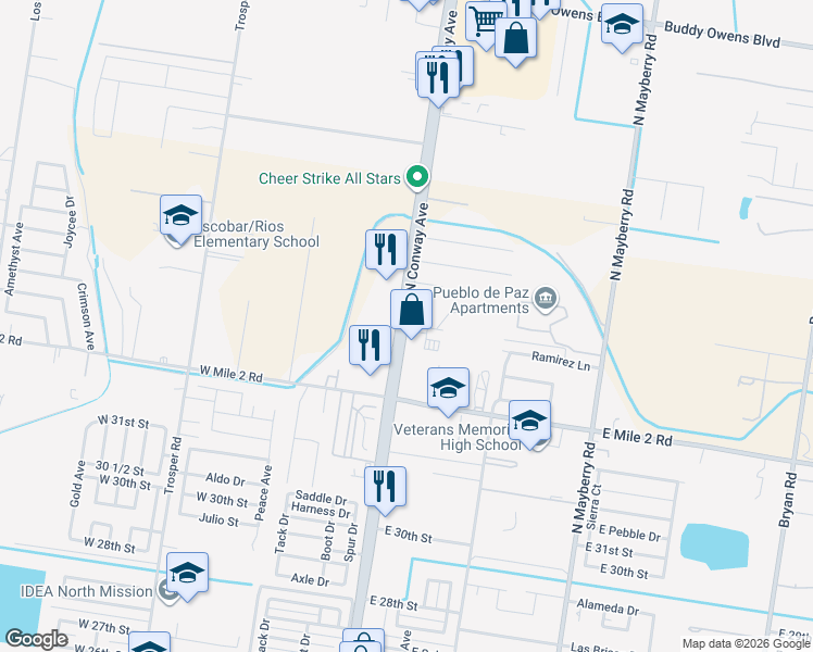 map of restaurants, bars, coffee shops, grocery stores, and more near 3308 Texas 107 in Mission