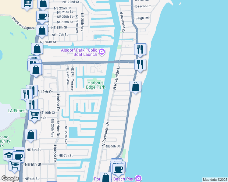 map of restaurants, bars, coffee shops, grocery stores, and more near North Riverside Drive in Pompano Beach