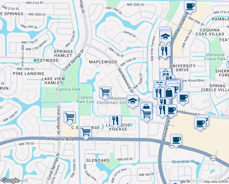 map of restaurants, bars, coffee shops, grocery stores, and more near 1344 Northwest 100th Avenue in Coral Springs