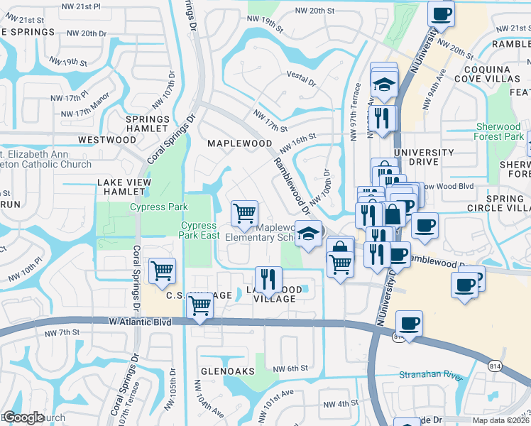 map of restaurants, bars, coffee shops, grocery stores, and more near 1344 Northwest 100th Avenue in Coral Springs