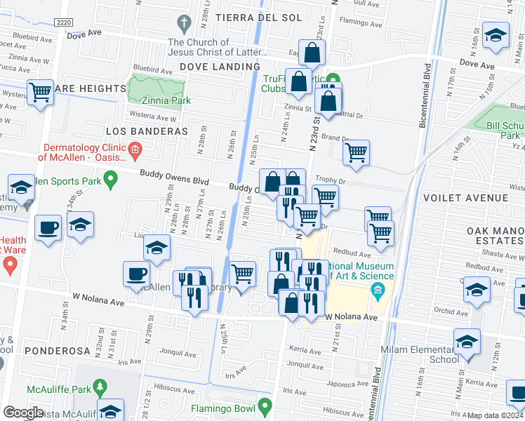 map of restaurants, bars, coffee shops, grocery stores, and more near 2511 Buddy Owens Boulevard in McAllen