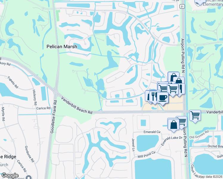map of restaurants, bars, coffee shops, grocery stores, and more near 8767 Muirfield Drive in Naples