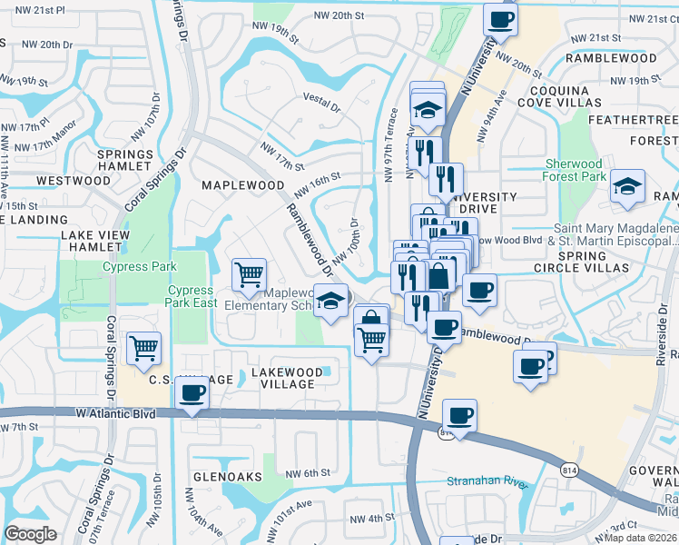 map of restaurants, bars, coffee shops, grocery stores, and more near 9864 Northwest 13th Court in Coral Springs
