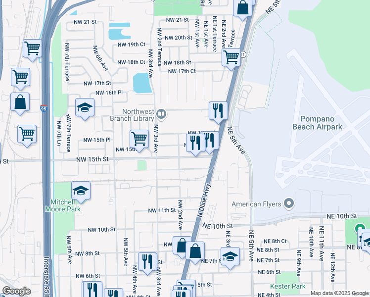 map of restaurants, bars, coffee shops, grocery stores, and more near 153 Northwest 15th Court in Pompano Beach