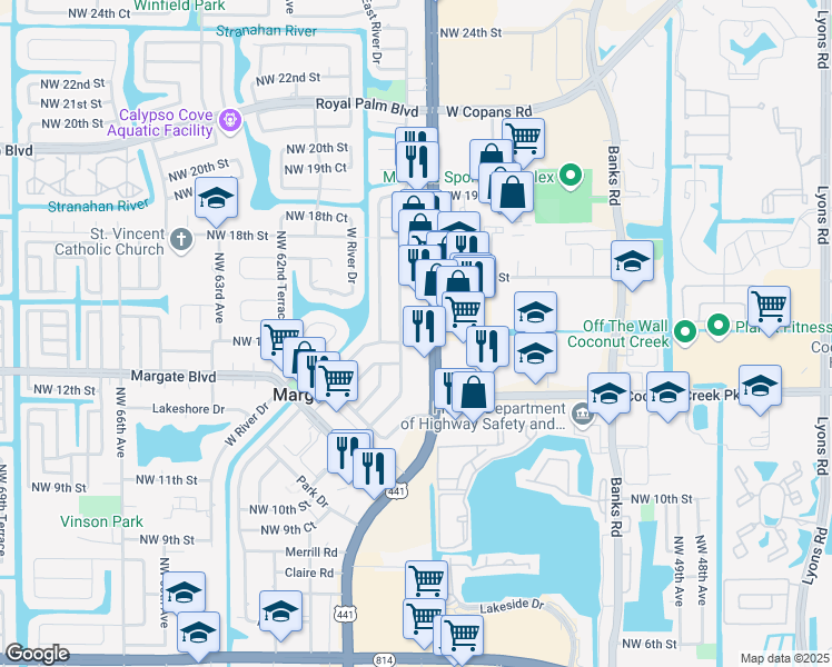 map of restaurants, bars, coffee shops, grocery stores, and more near 1605 U.S. 441 in Margate