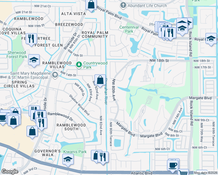 map of restaurants, bars, coffee shops, grocery stores, and more near 1415 Northwest 80th Avenue in Margate