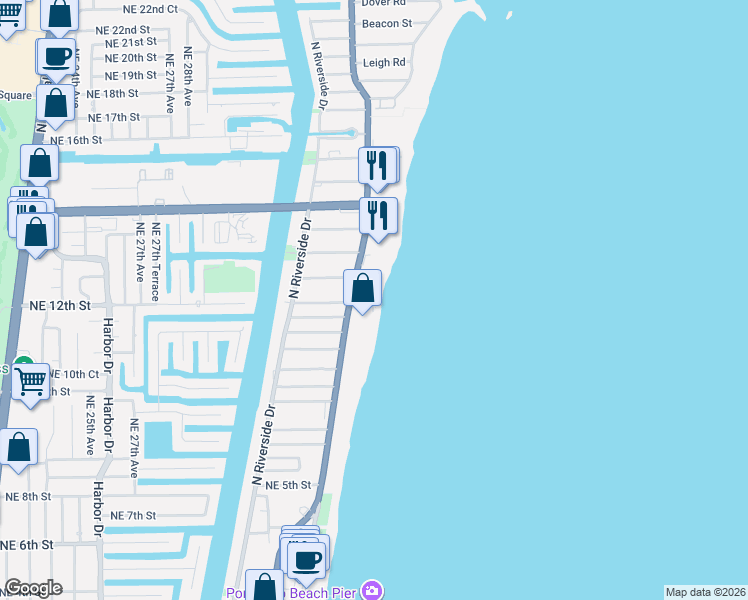 map of restaurants, bars, coffee shops, grocery stores, and more near 1012 North Ocean Boulevard in Pompano Beach