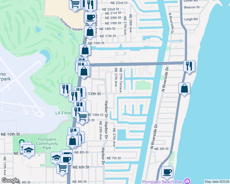 map of restaurants, bars, coffee shops, grocery stores, and more near 1211 Northeast 26th Terrace in Pompano Beach