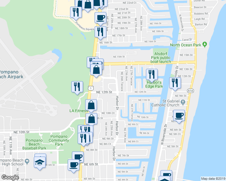 map of restaurants, bars, coffee shops, grocery stores, and more near 1230 Northeast 25th Avenue in Pompano Beach