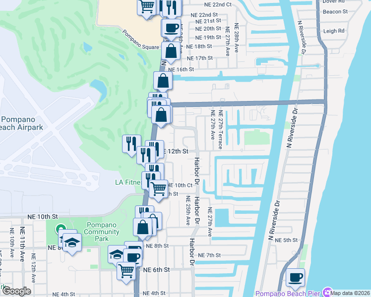 map of restaurants, bars, coffee shops, grocery stores, and more near 1230 Northeast 25th Avenue in Pompano Beach