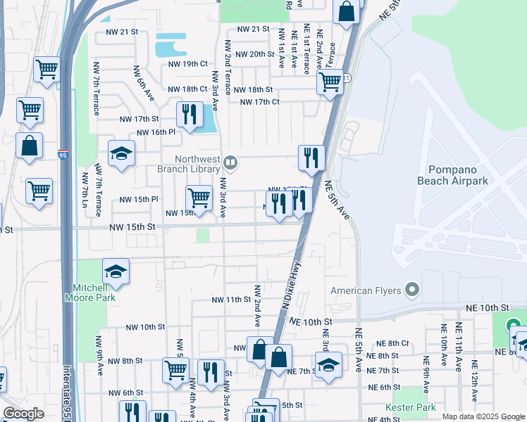 map of restaurants, bars, coffee shops, grocery stores, and more near 153 Northwest 15th Court in Pompano Beach