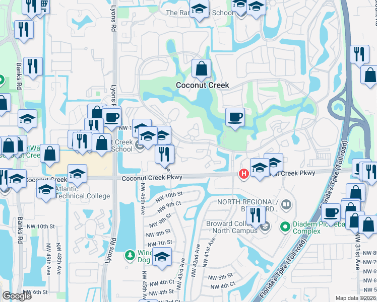 map of restaurants, bars, coffee shops, grocery stores, and more near 2702 Nassau Bend in Coconut Creek