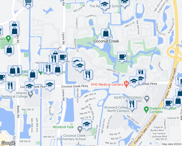 map of restaurants, bars, coffee shops, grocery stores, and more near 2614 Nassau Bend in Coconut Creek