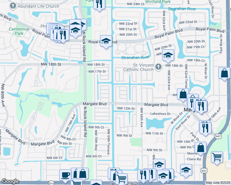 map of restaurants, bars, coffee shops, grocery stores, and more near 1470 Northwest 69th Avenue in Margate