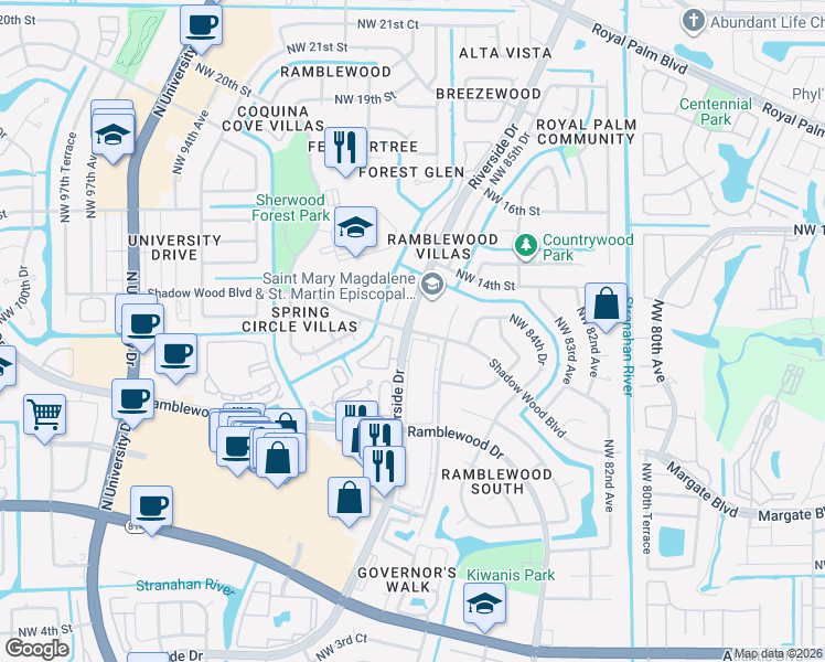 map of restaurants, bars, coffee shops, grocery stores, and more near in Coral Springs