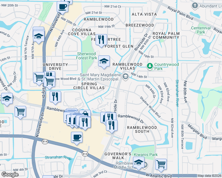 map of restaurants, bars, coffee shops, grocery stores, and more near 8898 Shadow Wood Boulevard in Coral Springs