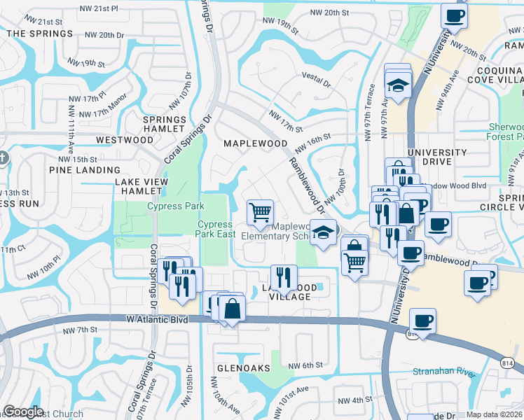 map of restaurants, bars, coffee shops, grocery stores, and more near 1350 Northwest 102nd Drive in Coral Springs