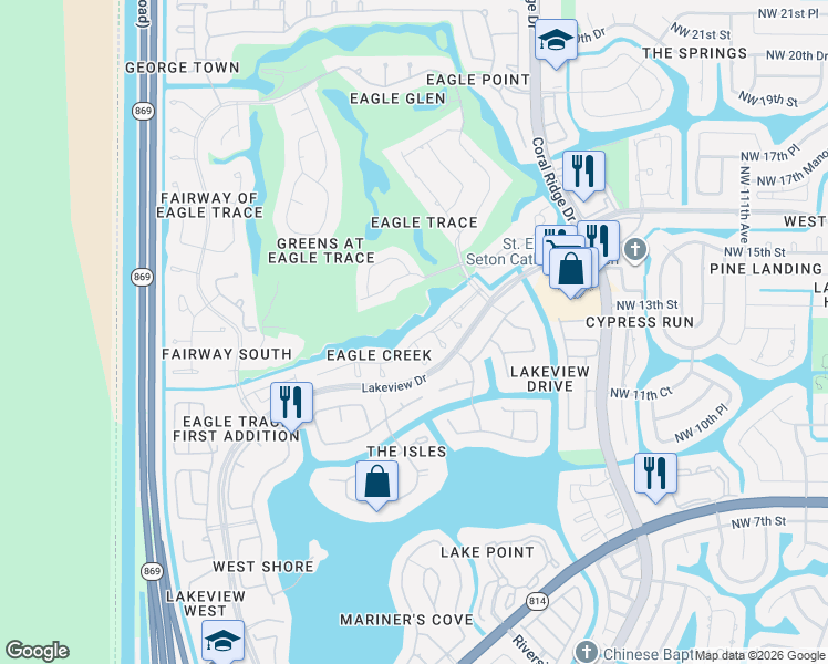 map of restaurants, bars, coffee shops, grocery stores, and more near 12059 Glenmore Drive in Coral Springs
