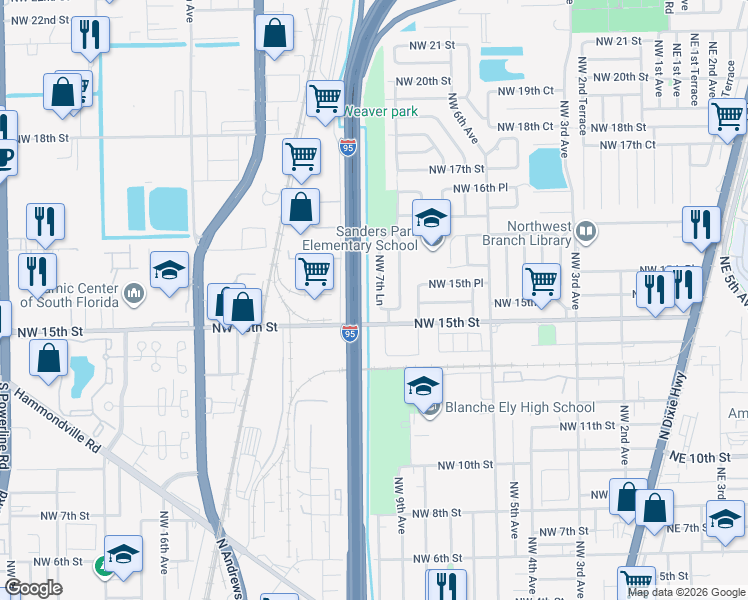 map of restaurants, bars, coffee shops, grocery stores, and more near 1541 Northwest 7th Lane in Pompano Beach