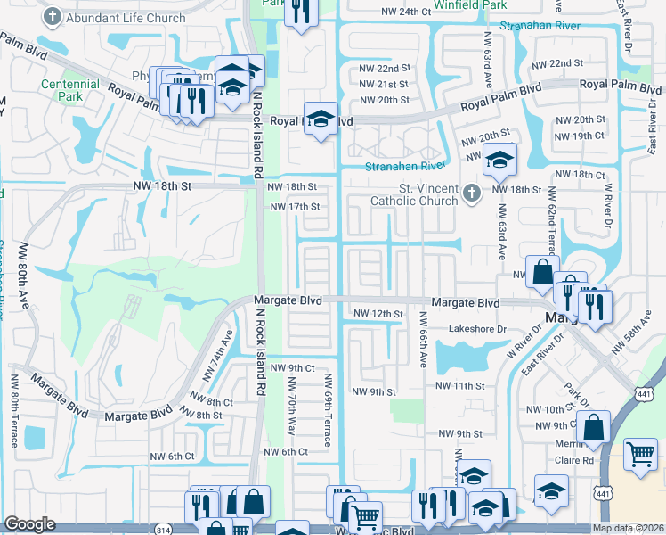 map of restaurants, bars, coffee shops, grocery stores, and more near 6920 Northwest 14th Place in Margate