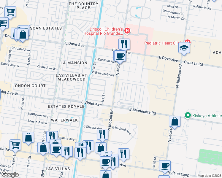 map of restaurants, bars, coffee shops, grocery stores, and more near 4902-5270 North McColl Road in McAllen