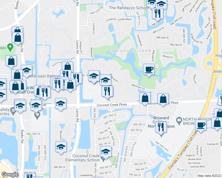 map of restaurants, bars, coffee shops, grocery stores, and more near 2614 Nassau Bend in Coconut Creek