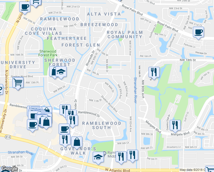 map of restaurants, bars, coffee shops, grocery stores, and more near 1298 Northwest 84th Drive in Coral Springs