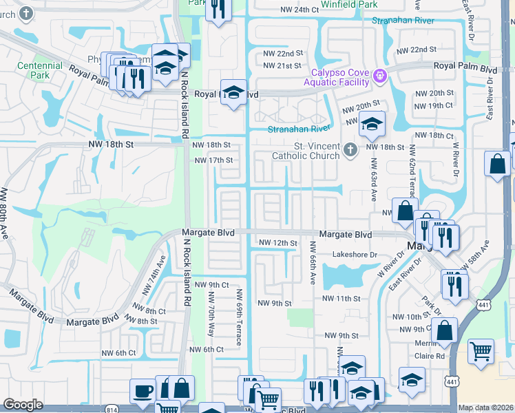 map of restaurants, bars, coffee shops, grocery stores, and more near 1470 Northwest 69th Avenue in Margate