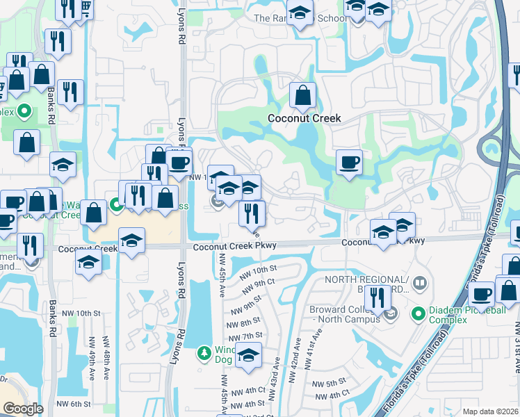 map of restaurants, bars, coffee shops, grocery stores, and more near 2614 Nassau Bend in Coconut Creek