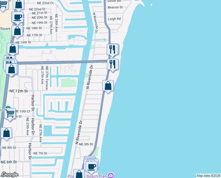 map of restaurants, bars, coffee shops, grocery stores, and more near 1012 North Ocean Boulevard in Pompano Beach