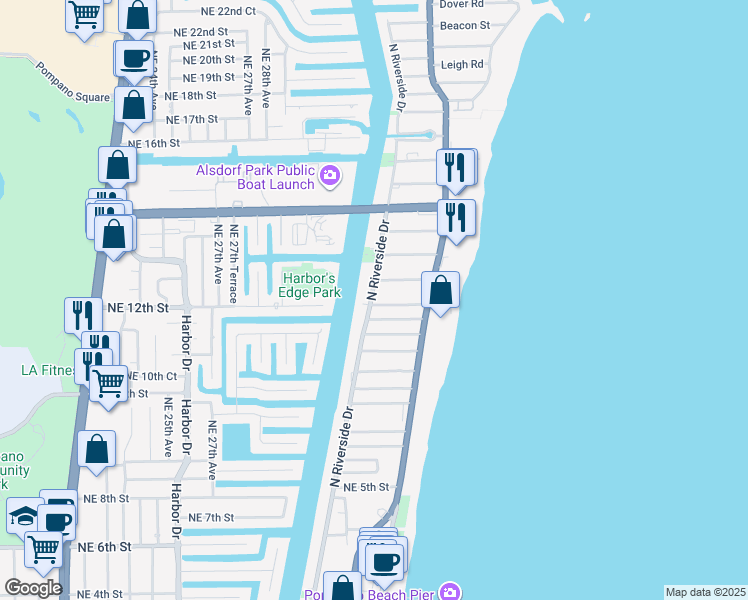 map of restaurants, bars, coffee shops, grocery stores, and more near 1000 North Riverside Drive in Pompano Beach