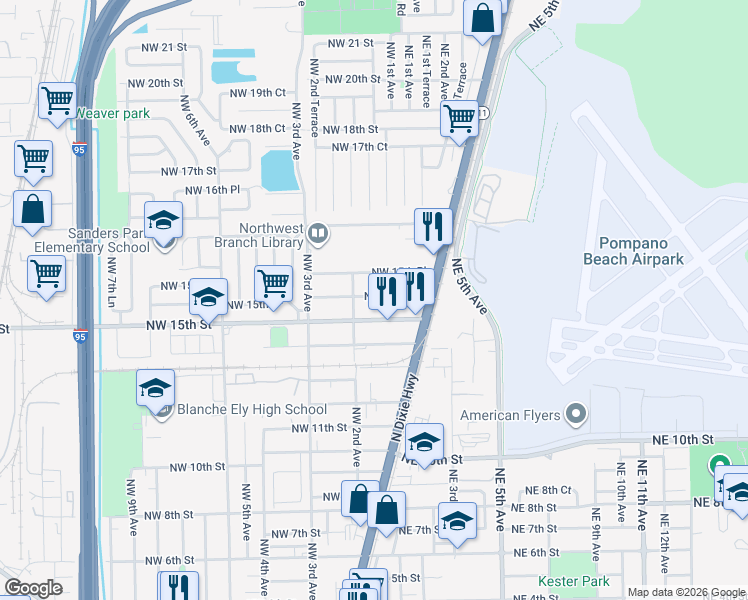 map of restaurants, bars, coffee shops, grocery stores, and more near 153 Northwest 15th Court in Pompano Beach