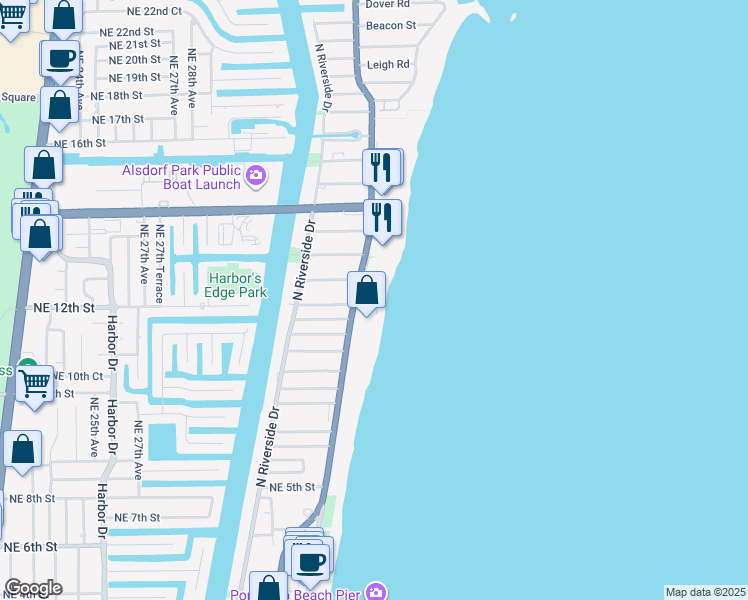 map of restaurants, bars, coffee shops, grocery stores, and more near 1012 North Ocean Boulevard in Pompano Beach