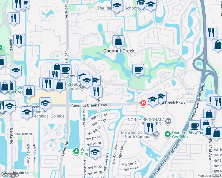map of restaurants, bars, coffee shops, grocery stores, and more near 2702 Nassau Bend in Coconut Creek
