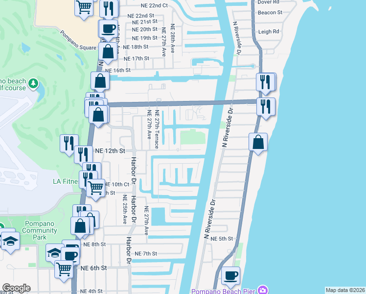 map of restaurants, bars, coffee shops, grocery stores, and more near 2751 Northeast 12th Street in Pompano Beach