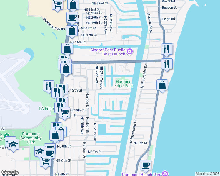 map of restaurants, bars, coffee shops, grocery stores, and more near 2751 Northeast 12th Street in Pompano Beach