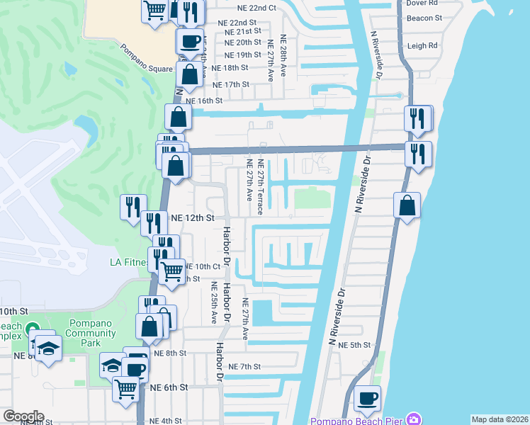 map of restaurants, bars, coffee shops, grocery stores, and more near 1210 Northeast 27th Terrace in Pompano Beach